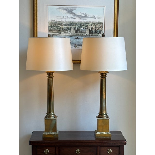Large-Scale Mid-20th Century Neoclassical Patinated Brass Table Lamps — A Pair For Sale - Image 4 of 12