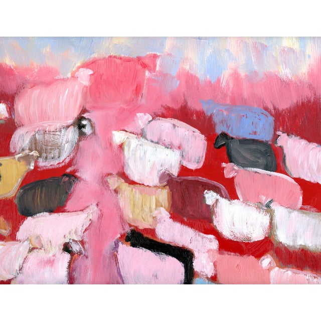 Pink Sheep, Angels, Birds II, Vintage Style Mid Century Modern Oil Painting by Alexandra Swistak For Sale - Image 8 of 8
