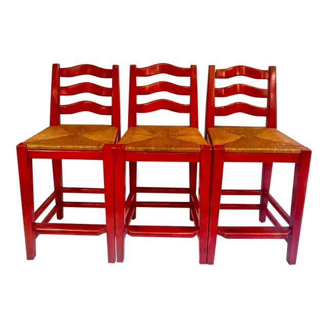 Set of 3 Wooden Counter Stools Painted Red For Sale