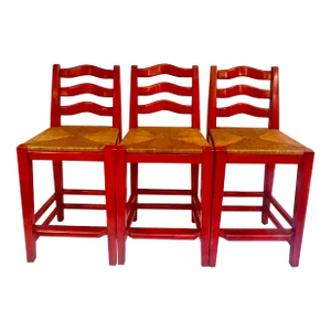 Set of 3 Wooden Counter Stools Painted Red