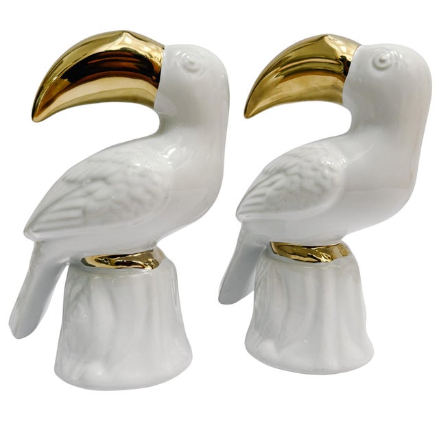 Vintage Hollywood Regency White Porcelain & Gold Gilt Toucan Bookends - A Pair For Sale - Image 4 of 9