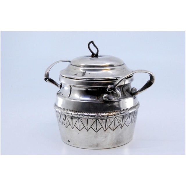 Silver Sugar Bowl with Frieze, Edge Engravings and Lid with Knob For Sale - Image 3 of 9