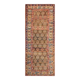 1900s Brown Geometric Tribal Antique Nw. Persian Kurdish Rug 4' X 9'6" Handknotted Wool Carpet For Sale