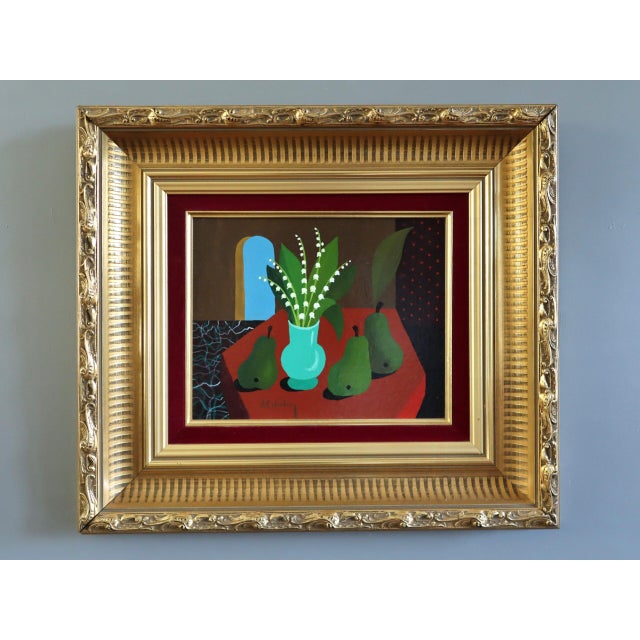 LILY OF THE VALLEY WITH PEARS Size: 15.8 x 17.7 inches (including frame) Tempera on board A charming and characterful mid-...