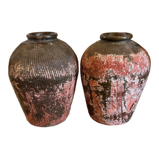 Pair of Antique Chinese Zhejiang Pottery Mijiu (Rice Wine) Storage Jars For Sale