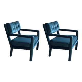 Pair Re-Upholstered Emerald Green Velvet Parsons Lounge Chairs Milo Baughman For Sale