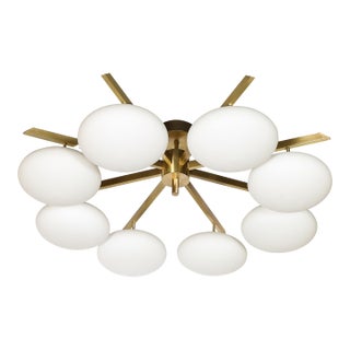 Modernist Brass and Frosted Glass 8-Arm Globe Chandelier, Manner of Arredoluce For Sale