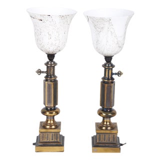 Mid-Century Modern Table Lamps in Brass and Marble Glass, France, 1950s, Set of 2 For Sale