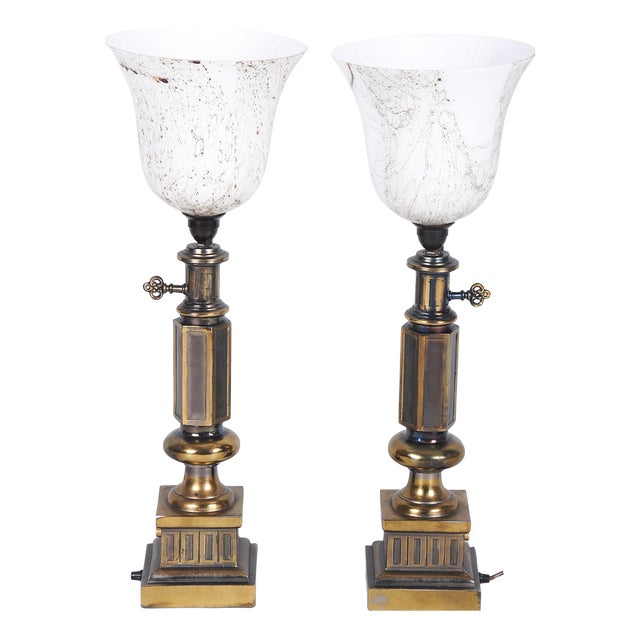 Mid-Century Modern Table Lamps in Brass and Marble Glass, France, 1950s, Set of 2 For Sale