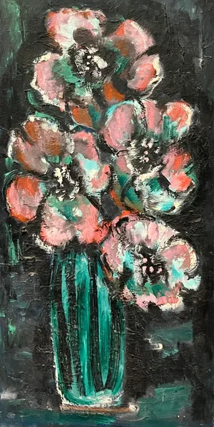 William Goliasch, Flowers in a Green Vase, Oil on Canvas