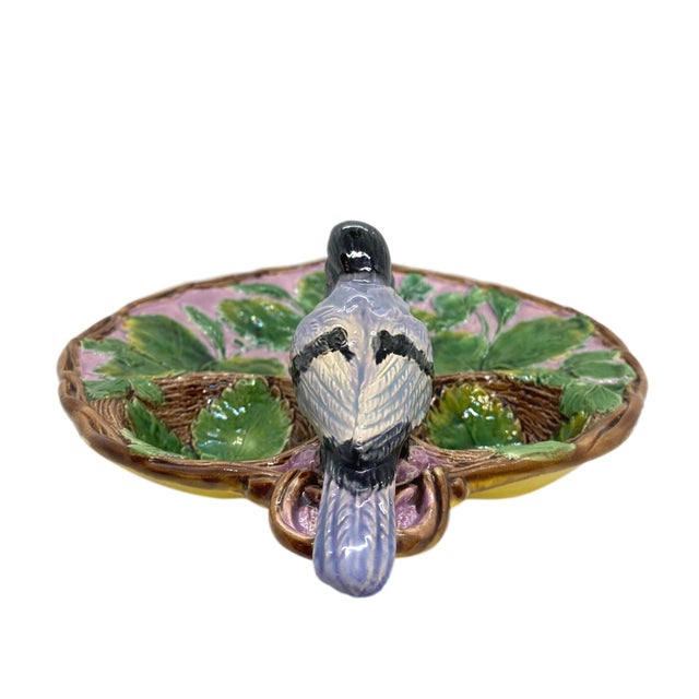 Late 19th Century Holdcroft Majolica Strawberry Server With Bird, Cream and Sugar Wells, Ca. 1875 For Sale - Image 5 of 12