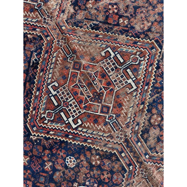 1920s Southwest Persian Khamseh Deep Blues, Amber, Peacock Green Rug 7.8 x 9 For Sale - Image 11 of 13