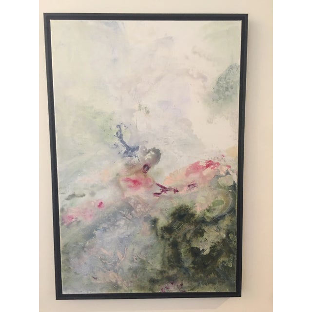 Original abstract floral "Fairie Land" is painted with acrylics on a 24 x 36 canvas and frames in a black wooden float...