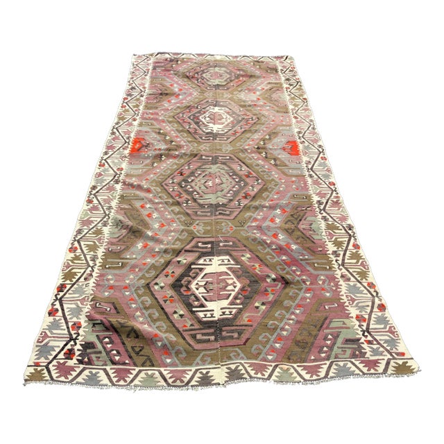 1960s Vintage Rustic Turkish Handmade Kilim Rug- 4′11″ × 11′1″ For Sale