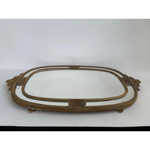 French Antique French Style Ormolu Vanity Mirror Tray With Etched Filigree Handles For Sale - Image 3 of 11
