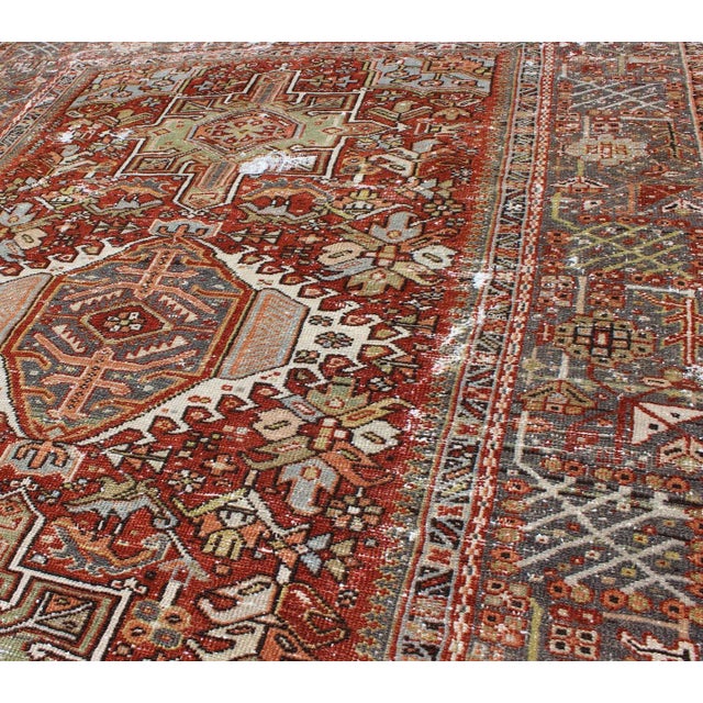 Antique Persian Heriz Rug Featuring Geometric Medallion Design in Rust and Ivory 4'8 X 6'2 For Sale - Image 10 of 13