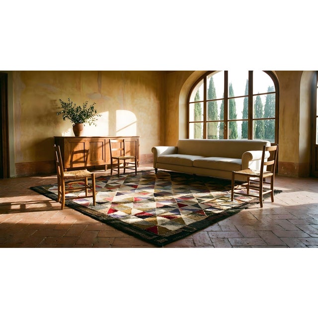 1930s Multicolor Geometric Folk Art Antique American Hooked Rug 6' X 6' Woven Wool Carpet For Sale - Image 13 of 15