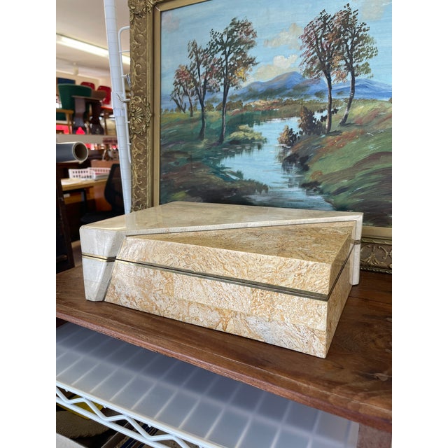 Postmodern Vintage Possibly Tessellated Stone and Brass Toned Inlay Jewelry or Keepsake Box With Velvet-Like Interior. For Sale - Image 3 of 10