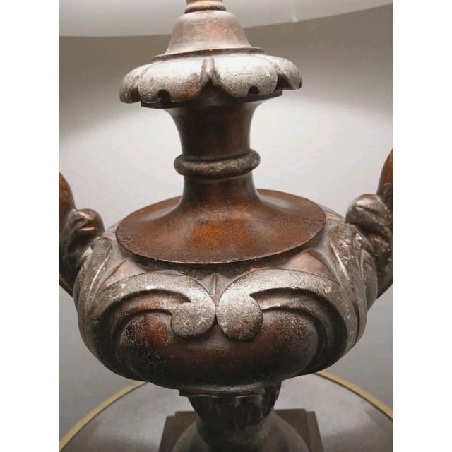 1950s Royal Edwardian Carved Urn Lamp Brown Bronzed Renaissance Avant-Garde W Shade For Sale - Image 4 of 16