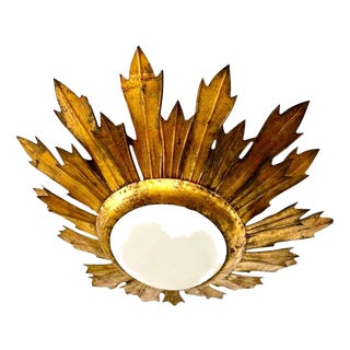 Large Spanish Gilt Gold Crown Flush Mount, 1950 For Sale