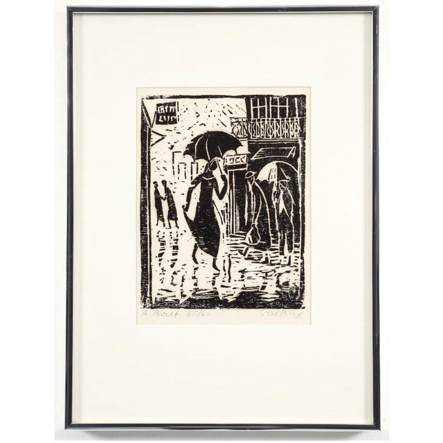 Awret, Azriel (Polish Israeli, 1910-2010), Rainy Street in Jerusalem, Woodblock print, 9.75 x 7.5 inches, pencil hand...
