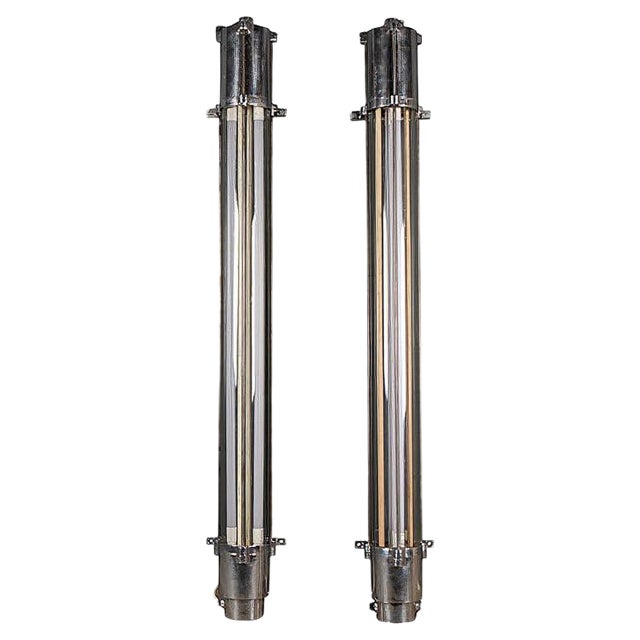 Industrial Polished Aluminium & Steel Strip Lights, 20th Century, Set of 2 For Sale