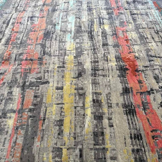 Modern Abstract Wool Rug – Hand-Knotted in Nepal, 10x14 This oversized 10' x 14' modern rug is hand-knotted in Nepal using...