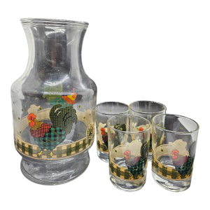 Vintage Anchor Hocking "Rooster Morn" Juice Decanter and Matching Juice Glasses Set.