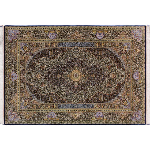 Blue Intricate Persian Design Turkish Silk Blue Medallion Area Rug - 6'6'' X 9'9'' For Sale - Image 8 of 9