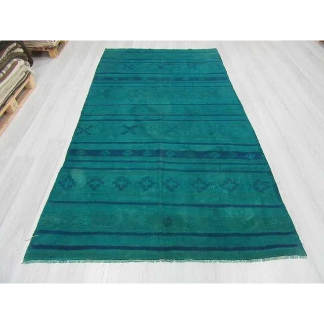 Boho Chic Handwoven Vintage Blue Overdyed Turkish Kilim Rug - 5'2" X 9'8" For Sale - Image 3 of 6