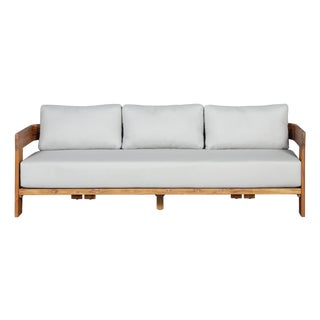 Paradiso Outdoor Solid Teak Wood Sofa - Light Gray Fabric For Sale