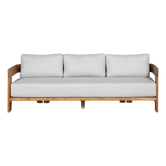 Paradiso Outdoor Solid Teak Wood Sofa - Light Gray Fabric For Sale