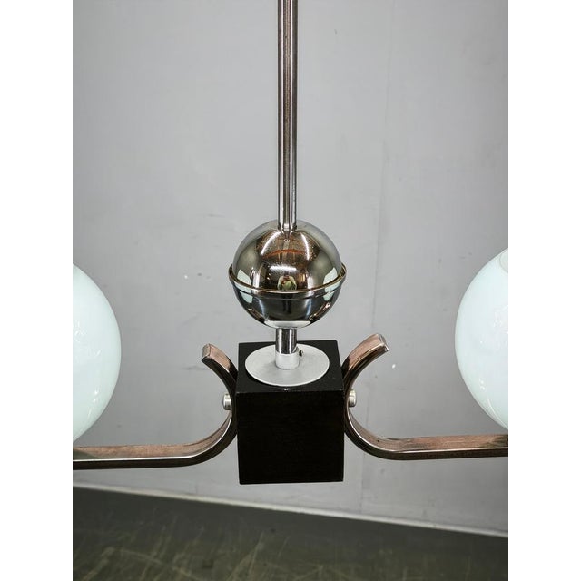 Art Deco Chrome and Opaline Glass Chandelier, Former Czechoslovakia, 1930s For Sale - Image 4 of 12