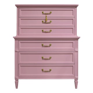 Mid Century Transitional Highboy Dresser by Dixie Furniture in Pink - Newly Painted For Sale