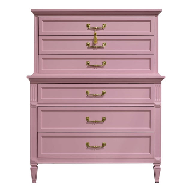 Mid Century Transitional Highboy Dresser by Dixie Furniture in Pink - Newly Painted For Sale
