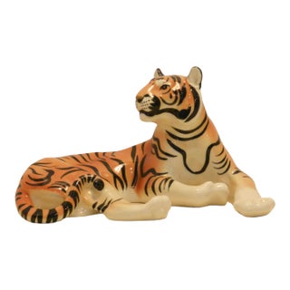 Large Hand-Painted Lomonosov Porcelain Lying Tiger by Boris Vorobiev For Sale