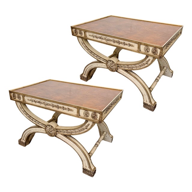 1960 Neoclassical Regency Style Burl Walnut & Painted Curule Accent Tables by Heritage - Pair For Sale