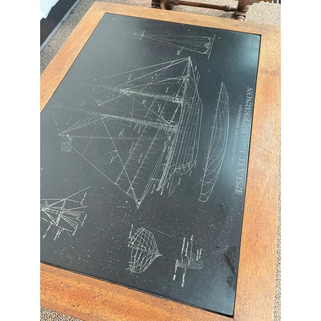 Wood End Table W Soapstone Inset Engraved W Blueprints of the Grand Banks Fisherman, Isiah L. Jefferson For Sale - Image 7 of 12
