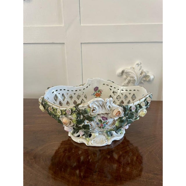 Antique meissen style lattice work basket dish applied with very pretty trailing vinery and rosebuds in pink, yellow and...