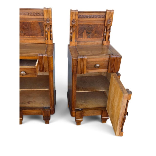 Pair of 1930 Walnut Nightstand American Art Deco Bedside Cabinet Refurbished For Sale - Image 11 of 18