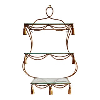 Vintage Hollywood Regency Style Italian Gilt Iron Rope & Tassle Wall Shelf For Sale
