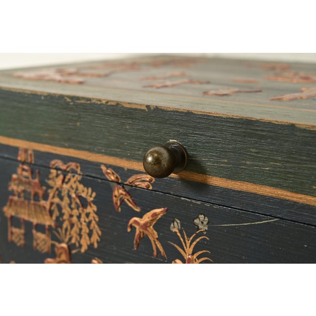 Green Hollywood Regency Chinoiserie Hand-Painted Green Lacquered and Gold Gilt Chest on Stand For Sale - Image 8 of 16