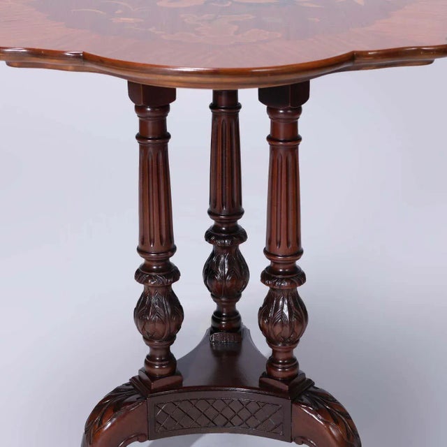 Traditional Early 20th Century Heron Satinwood Marquetry Scalloped Triple Pedestal Side Tables - a Pair For Sale - Image 3 of 13