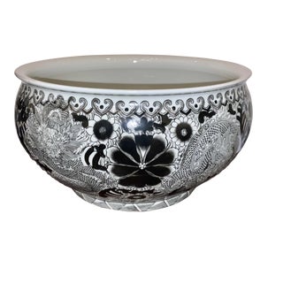 Large Asian Style Black and White Porcelain Bowl For Sale