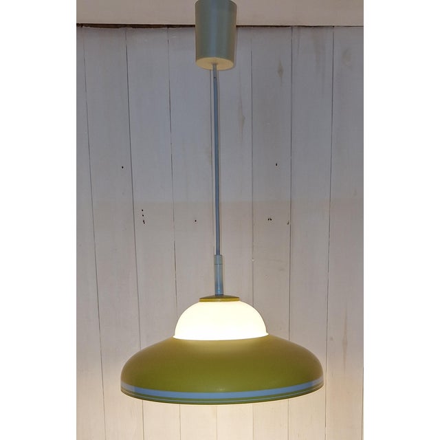 White Vintage Hanging Lamp with White Glass Shade and Yellow-White Metal Shade by Doria, 1970s For Sale - Image 8 of 11