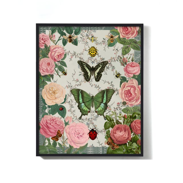 English "Victorian Garden," Butterfly, Ladybug, and Botanical Pattern Collage For Sale - Image 3 of 6