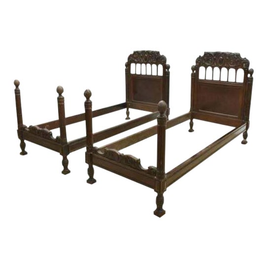 1800's Antique Italian Renaissance Revival Carved Beds Set of 2