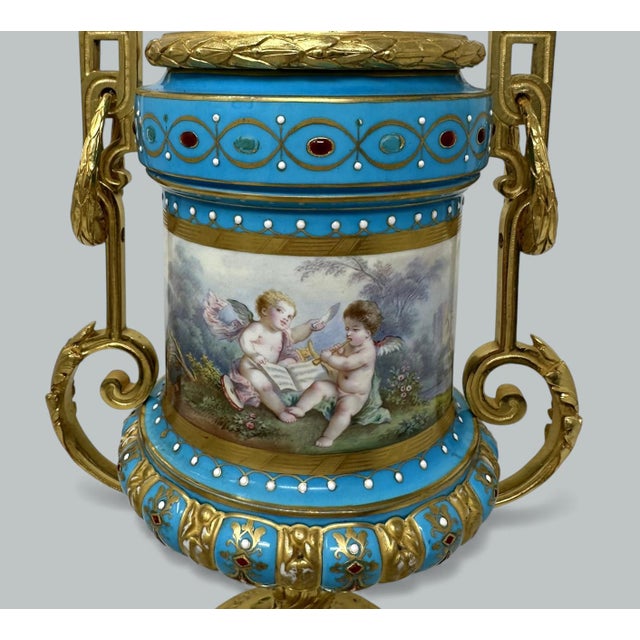 Ceramic Late 19th Century Pair Antique French Sèvres Porcelain Ormolu Celeste Blue Jewell Table Urns Lamps For Sale - Image 7 of 11