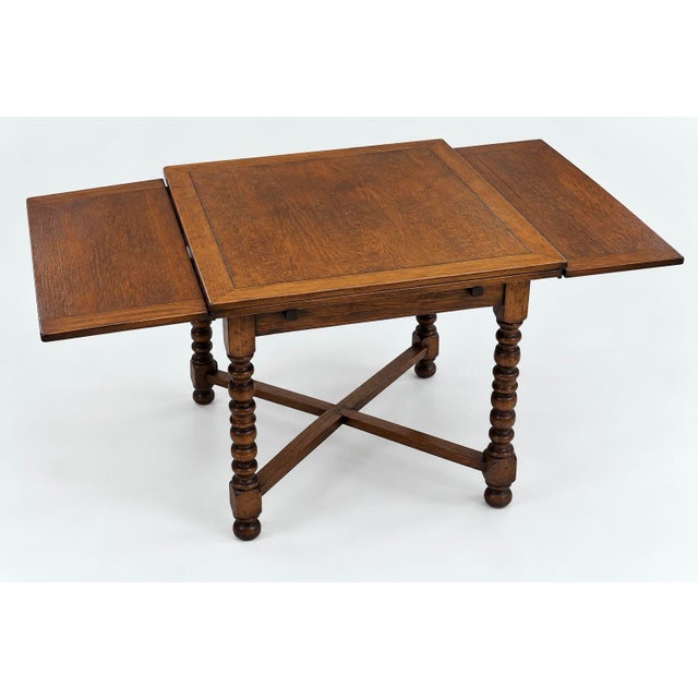 English Antique English Jacobean Revival Oak Draw Leaf Mahjong Game Table, C. 1920s For Sale - Image 3 of 8