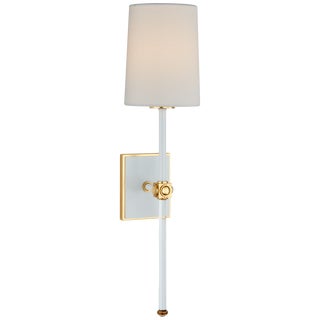 Julie Neill for Visual Comfort Signature Lucia Medium Tail Sconce in Matte White & Crystal with Linen Shade For Sale
